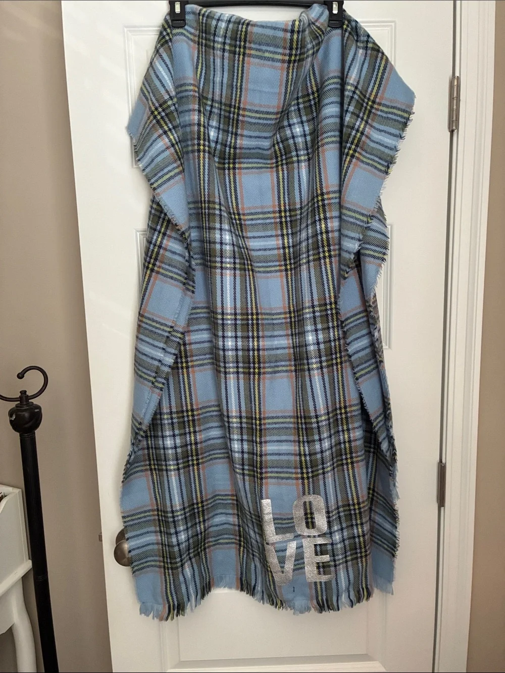 aerie Blue Plaid scarf/blanket with Silver 'LOVE' Appliqué